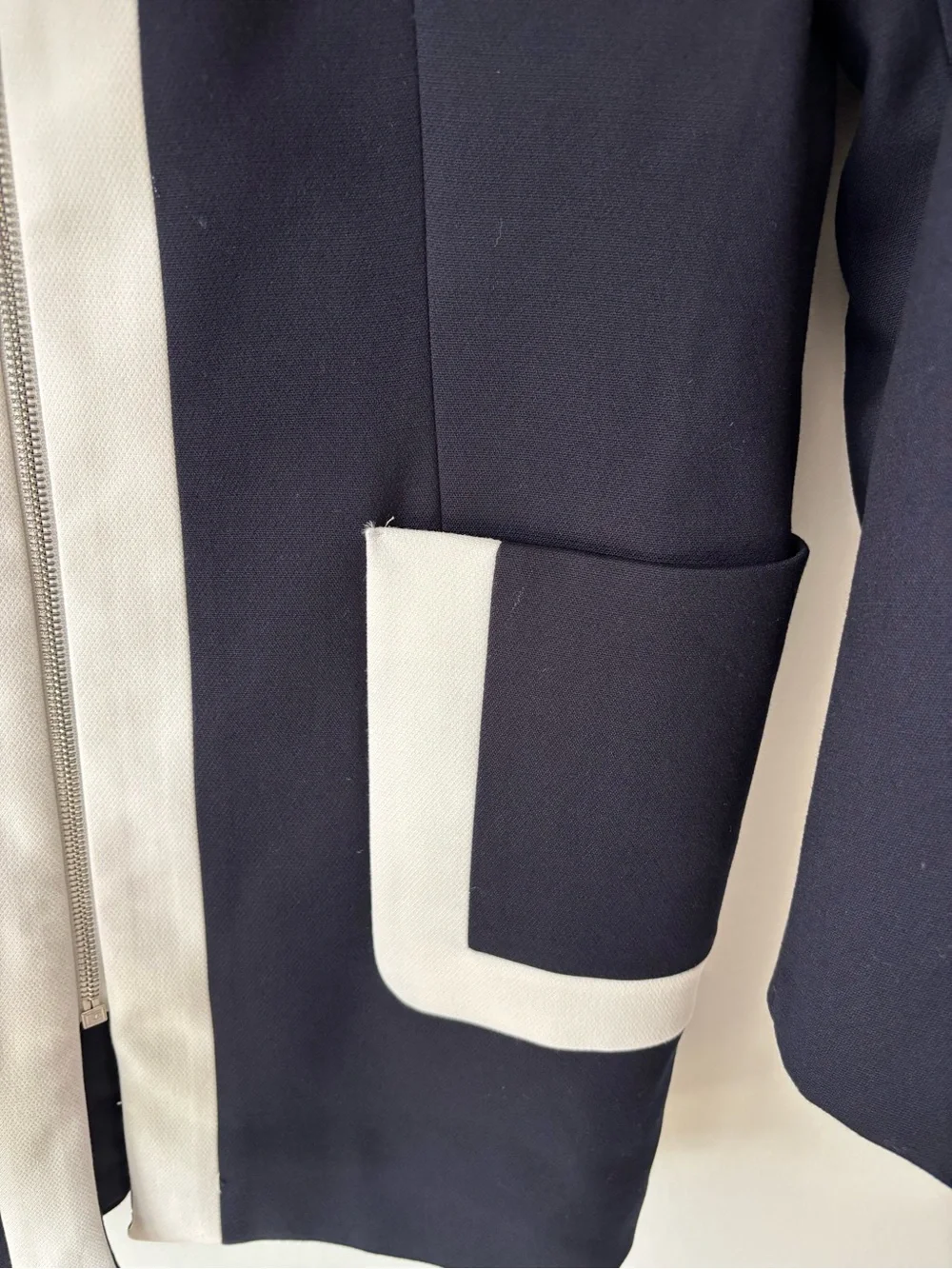 Zara Navy Blue White Stripe Contrast Long Line Zip Front Jacket Professional